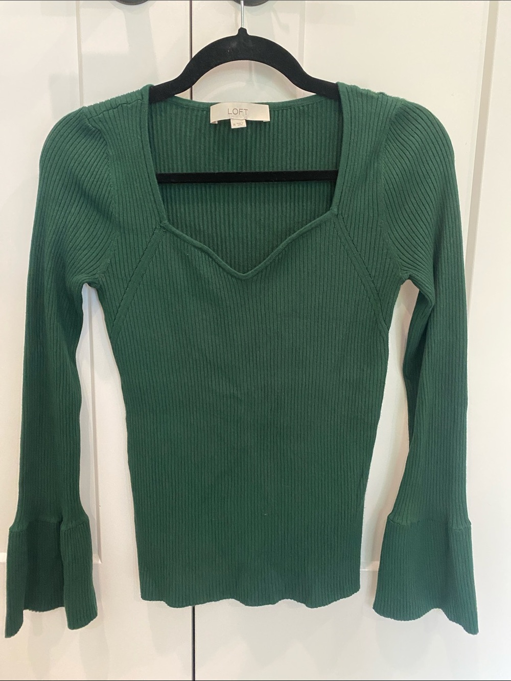LOFT Forest Green Ribbed Sweatheart-Neck Long Bell Sleeve Top